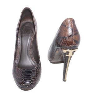 Tory Burch Jude Brown Snake Platform Pumps with Gold Logo Heel, Size 7.5